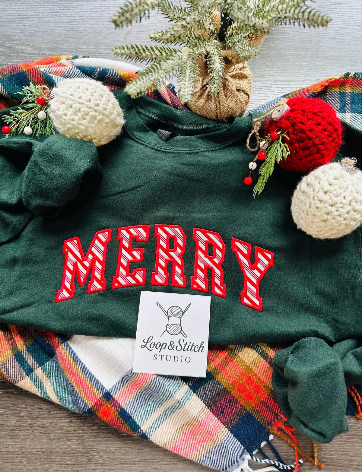 Embroidered "MERRY" Christmas Sweatshirt | Candy Cane Holiday Crewneck